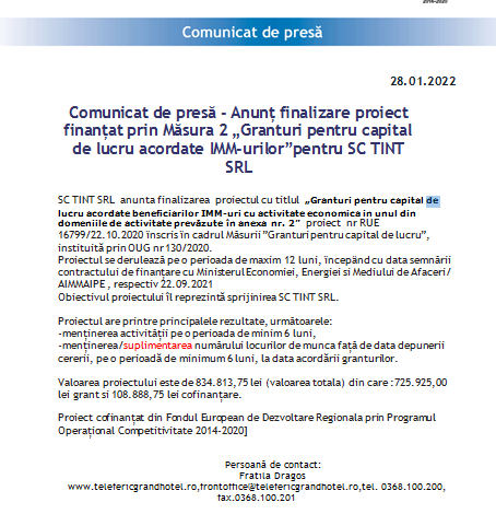 Comunicat de presă - Anunț finalizare proiect finanțat prin Măsura 2 „Granturi pentru capital de lucru acordate IMM-urilor”pentru SC TINT SRL 1 tint_6.png
