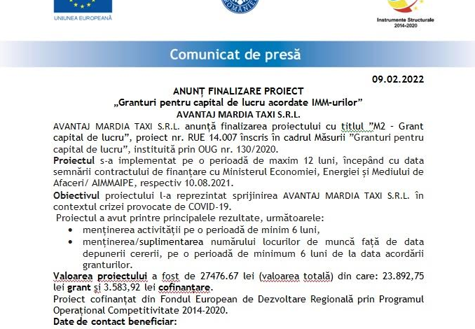 ANUNȚ FINALIZARE PROIECT „Granturi pentru capital de lucru acordate IMM-urilor” - AVANTAJ MARDIA TAXI S.R.L. 5 | MyTex.ro