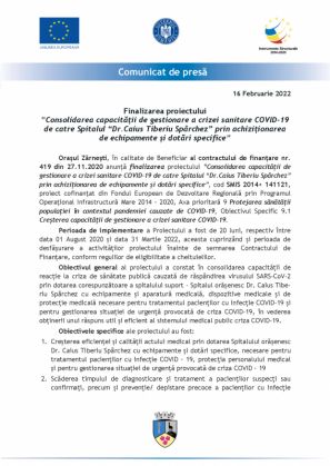 Finalizarea proiectului „Consolidarea capacității de gestionare a crizei sanitare COVID-19 de către Spitalul «Dr. Caius Tiberiu Spârchez» prin achiziționarea de echipamente și dotări specifice” 7 | MyTex.ro
