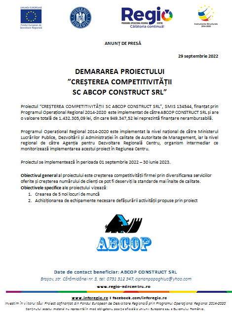 DEMARAREA PROIECTULUI „CREȘTEREA COMPETITIVITĂȚII SC ABCOP CONSTRUCT SRL” 6 | MyTex.ro