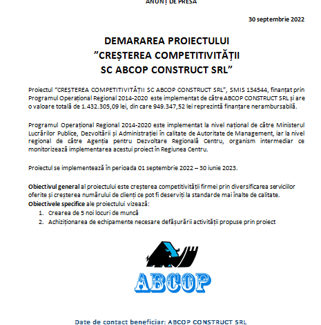DEMARAREA PROIECTULUI „CREȘTEREA COMPETITIVITĂȚII SC ABCOP CONSTRUCT SRL” 5 | MyTex.ro