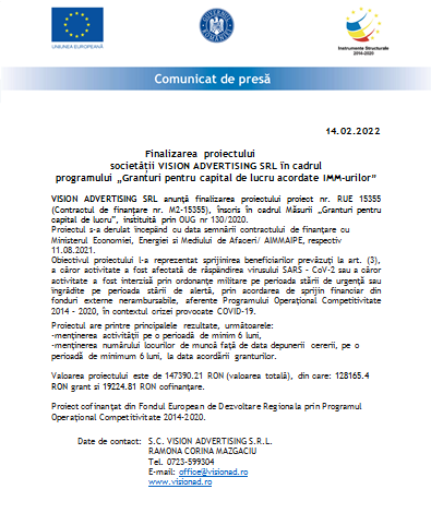 Finalizarea proiectului societății VISION ADVERTISING SRL în cadrul programului „Granturi pentru capital de lucru acordate IMM-urilor” 5 | MyTex.ro