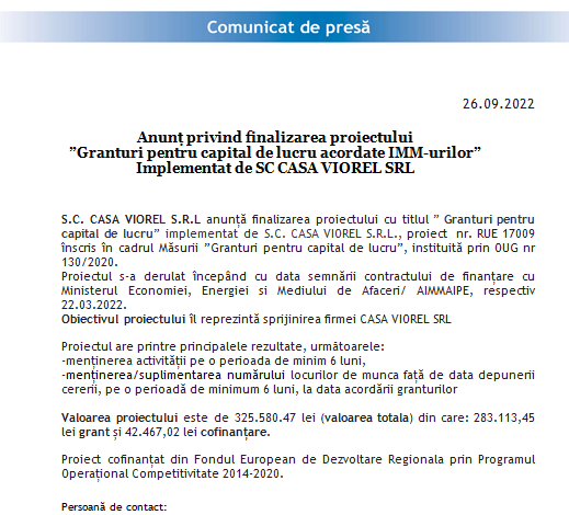 Anunț privind finalizarea proiectului „Granturi pentru capital de lucru acordate IMM-urilor” implementat de SC CASA VIOREL SRL 5 | MyTex.ro
