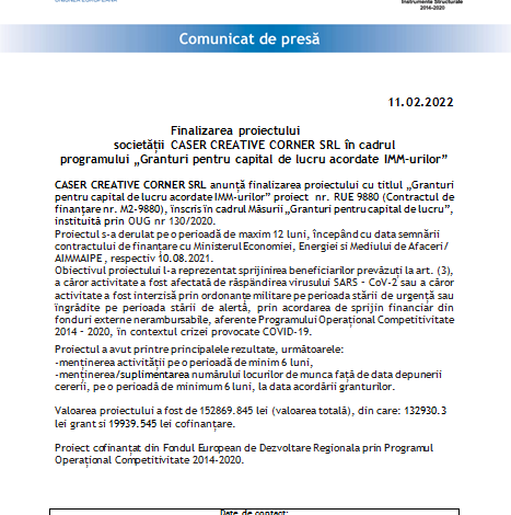 Finalizarea proiectului Societății CASER CREATIVE CORNER SRL în cadrul programului „Granturi pentru capital de lucru acordate IMM-urilor” 5 | MyTex.ro