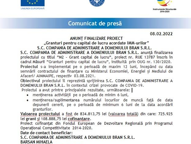 ANUNȚ FINALIZARE PROIECT „Granturi pentru capital de lucru acordate IMM-urilor” - S.C. COMPANIA DE ADMINISTRARE A DOMENIULUI BRAN S.R.L. 5 | MyTex.ro