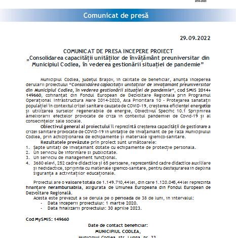 COMUNICAT DE PRESĂ ÎNCEPERE PROIECT „Consolidarea capacității unităților de învățământ preuniversitar din Municipiul Codlea, în vederea gestionării situației de pandemie” 5 | MyTex.ro
