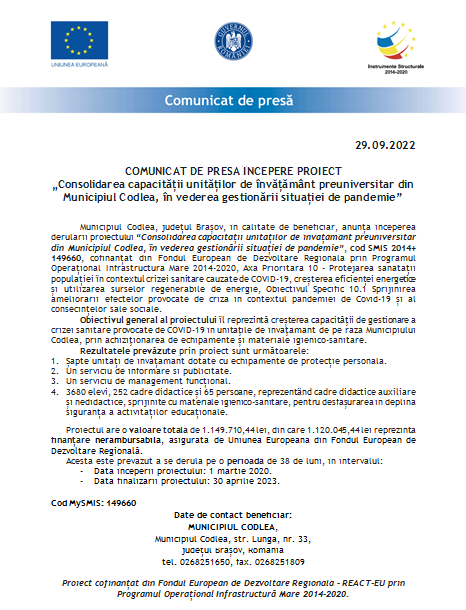 COMUNICAT DE PRESĂ ÎNCEPERE PROIECT „Consolidarea capacității unităților de învățământ preuniversitar din Municipiul Codlea, în vederea gestionării situației de pandemie” 6 | MyTex.ro