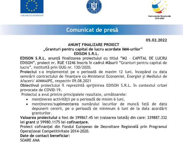 ANUNȚ FINALIZARE PROIECT „Granturi pentru capital de lucru acordate IMM-urilor” - EDISON S.R.L. 5 | MyTex.ro
