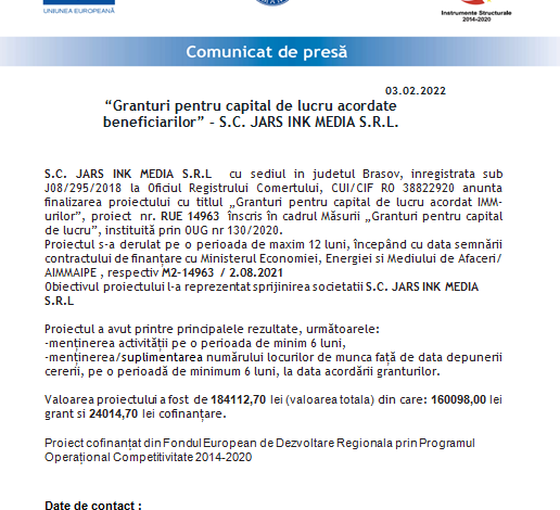 „Granturi pentru capital de lucru acordate beneficiarilor” - S.C. JARS INK MEDIA S.R.L. 5 | MyTex.ro