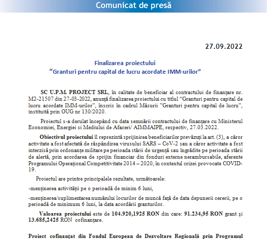 Finalizarea proiectului „Granturi pentru capital de lucru acordate IMM-urilor” 5 | MyTex.ro