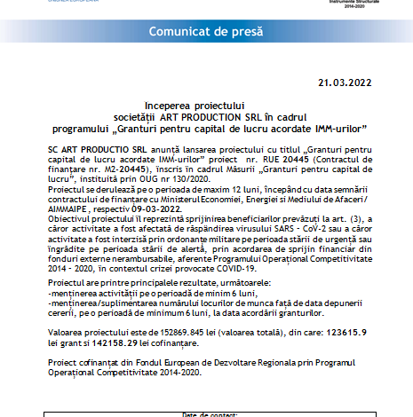 Începerea proiectului Societății ART PRODUCTION SRL în cadrul programului „Granturi pentru capital de lucru acordate IMM-urilor” 5 | MyTex.ro