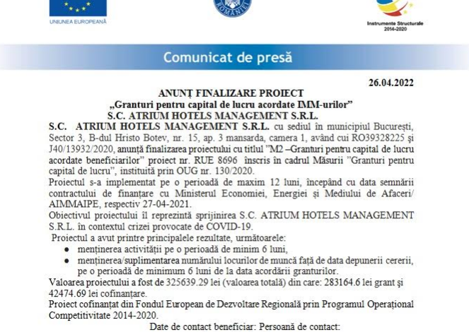 ANUNȚ FINALIZARE PROIECT „Granturi pentru capital de lucru acordate IMM-urilor” - S.C. ATRIUM HOTELS MANAGEMENT S.R.L. 5 | MyTex.ro