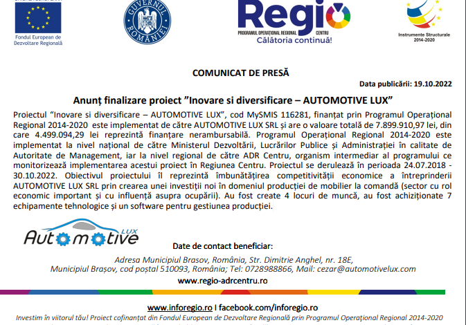 Anunț finalizare proiect „Inovare si diversificare – AUTOMOTIVE LUX” 5 | MyTex.ro