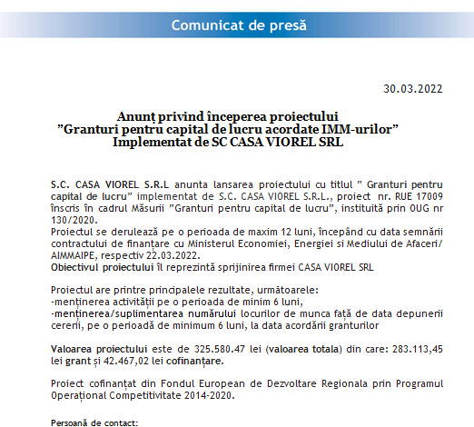 Anunț privind începerea proiectului „Granturi pentru capital de lucru acordate IMM-urilor” - Implementat de SC CASA VIOREL SRL 5 | MyTex.ro