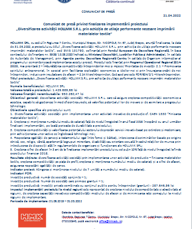 Comunicat de presă privind finalizarea implementării proiectului „Diversificarea activității HOLLMIK S.R.L. prin achiziția de utilaje performante necesare imprimării materialelor textile” 5 | MyTex.ro