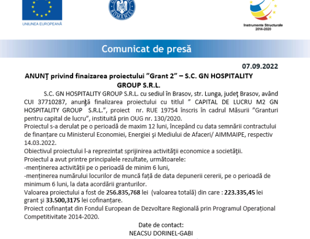 ANUNŢ privind finaizarea proiectului „Grant 2” - S.C. GN HOSPITALITY GROUP S.R.L. 5 | MyTex.ro