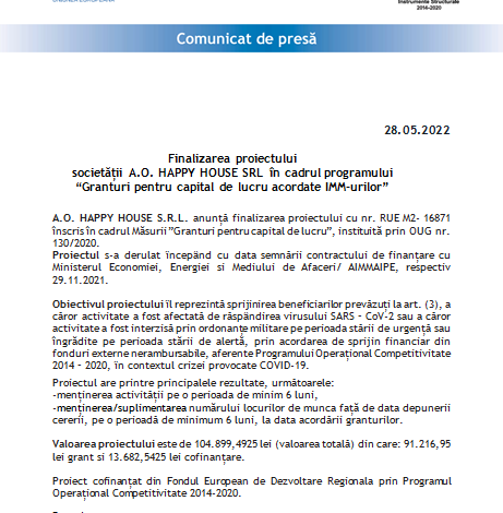 Finalizarea proiectului Societății A.O. HAPPY HOUSE SRL în cadrul programului „Granturi pentru capital de lucru acordate IMM-urilor” 5 | MyTex.ro