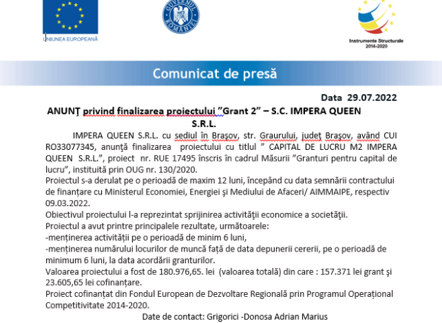 ANUNŢ privind finalizarea proiectului „Grant 2” - S.C. IMPERA QUEEN S.R.L. 5 | MyTex.ro