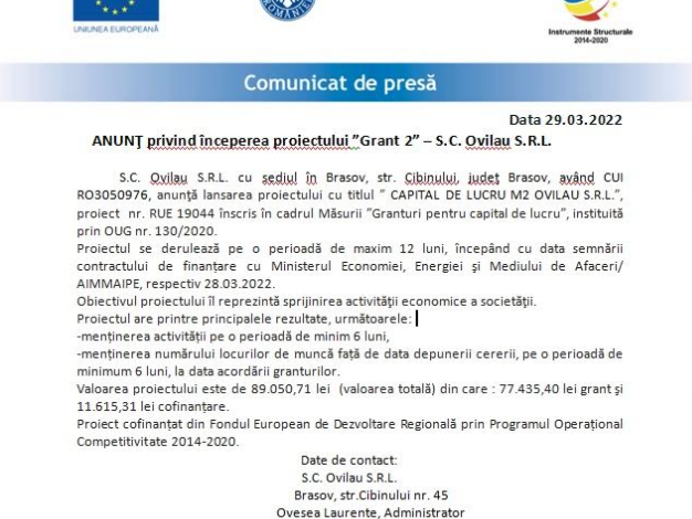 ANUNŢ privind începerea proiectului „Grant 2” - S.C. Ovilau S.R.L. 5 | MyTex.ro