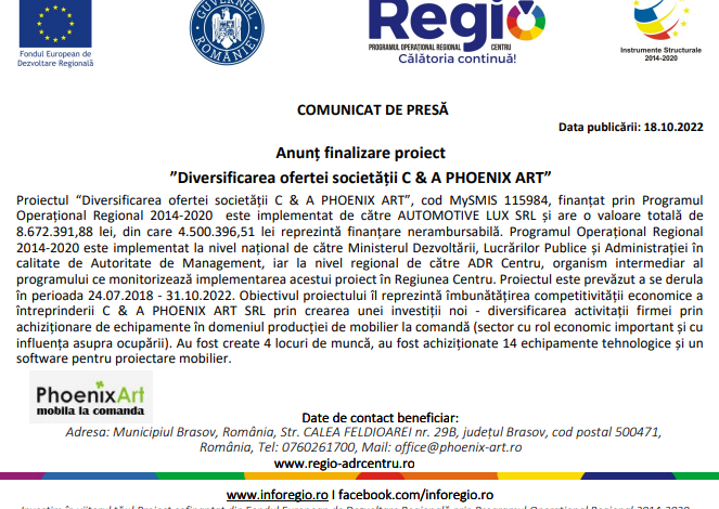 Anunț finalizare proiect „Diversificarea ofertei societății C & A PHOENIX ART” 5 | MyTex.ro