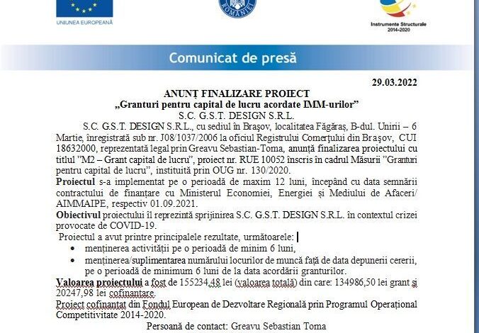 COMUNICAT DE PRESĂ 29.03.2022 ANUNȚ FINALIZARE PROIECT „Granturi pentru capital de lucru acordate IMM-urilor” S.C. G.S.T. DESIGN S.R.L. 5 | MyTex.ro