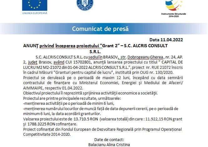 ANUNŢ privind începerea proiectului „Grant 2” – S.C. ALCRIS CONSULT S.R.L. 5 | MyTex.ro