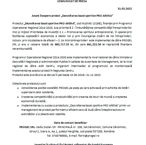 Anunț începere proiect „Dezvoltarea bazei sportive PRO ARENA” 5 | MyTex.ro