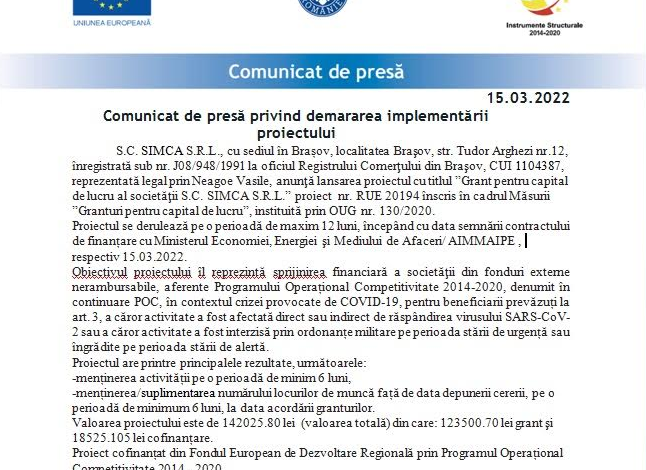 Comunicat de presă privind demararea implementării proiectului 5 | MyTex.ro