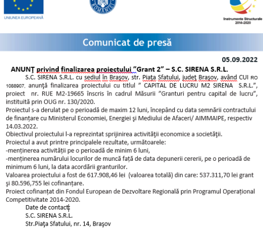 ANUNŢ privind finalizarea proiectului „Grant 2” - S.C. SIRENA S.R.L. 5 | MyTex.ro