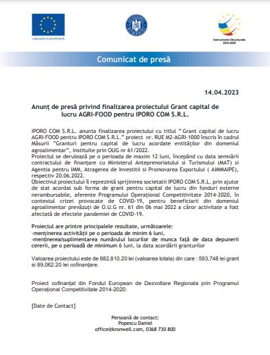 Anunț de presă privind finalizarea proiectului Grant capital de lucru AGRI-FOOD pentru IPORO COM S.R.L. 9 anunț | MyTex.ro