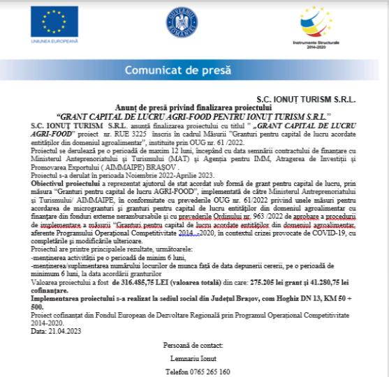 Anunț de presă privind finalizarea proiectului „GRANT CAPITAL DE LUCRU AGRI-FOOD PENTRU IONUȚ TURISM S.R.L.” 9 | MyTex.ro