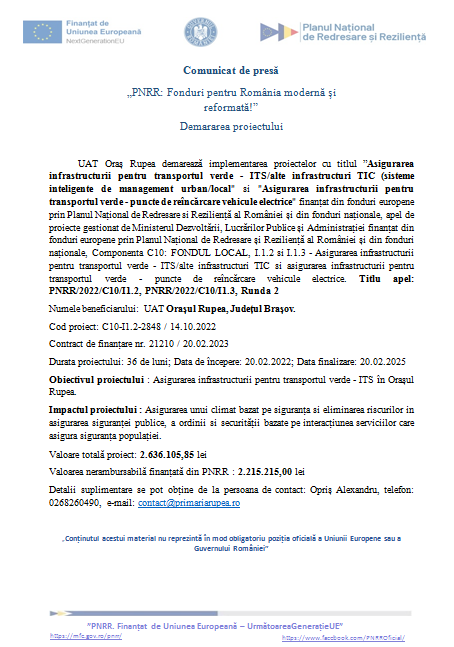 Comunicat de presă - „PNRR: Fonduri pentru România modernă și reformată!” / Demararea proiectului 9 | MyTex.ro