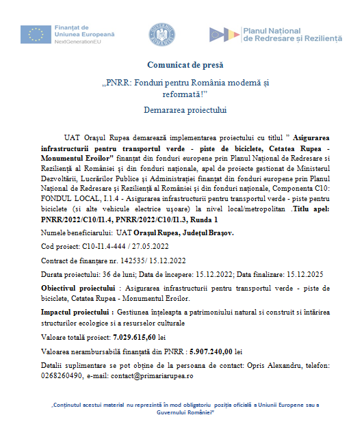 Comunicat de presă - „PNRR: Fonduri pentru România modernă și reformată!” / Demararea proiectului 9 | MyTex.ro
