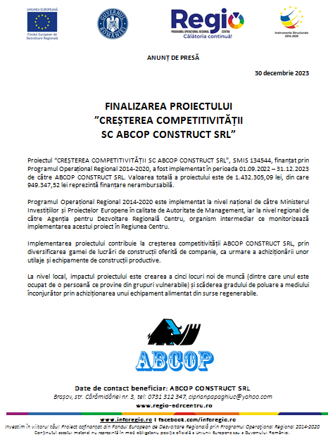FINALIZAREA PROIECTULUI „CREȘTEREA COMPETITIVITĂȚII SC ABCOP CONSTRUCT SRL” 15 | MyTex.ro