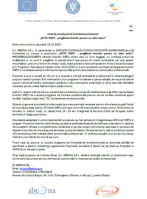 Comunicat de presă privind închiderea proiectului „ACTIV NEETs - pregătirea tinerilor pentru un viitor activ!” 9 | MyTex.ro