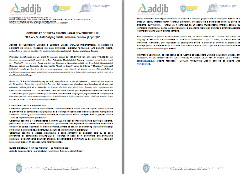 COMUNICAT DE PRESĂ PRIVIND LANSAREA PROIECTULUI „B.R.A.V.O -Anti-Bullying rezistă, acționăm cu voce și opoziție” 9 | MyTex.ro