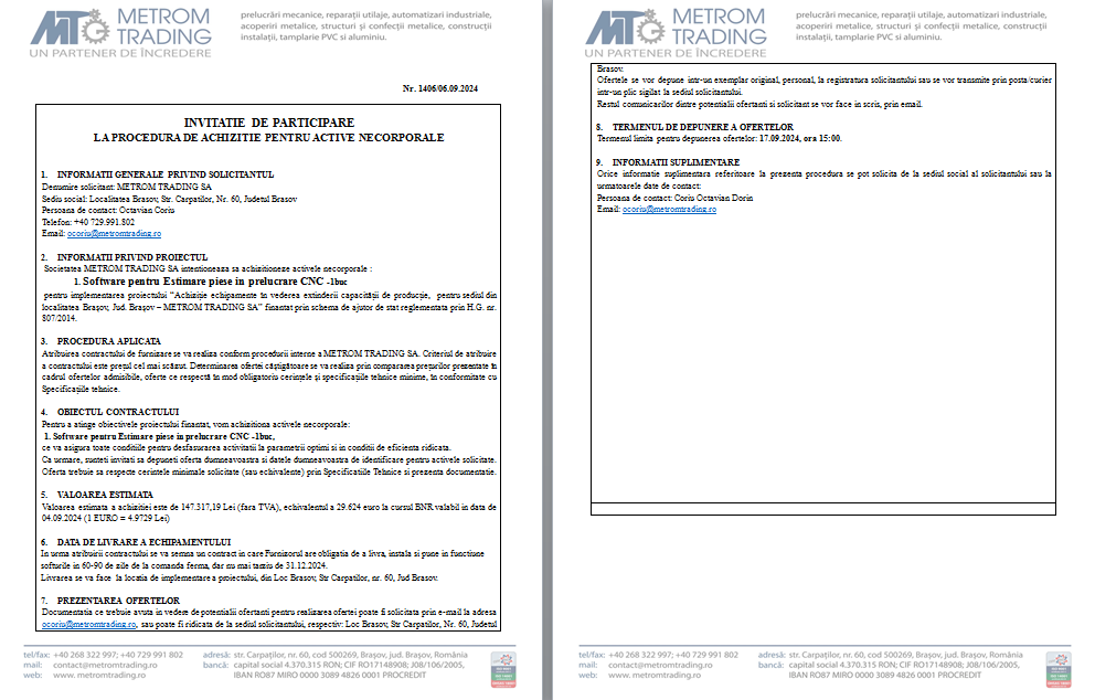 METROM TRADING - INVITAȚIE DE PARTICIPARE LA PROCEDURA DE ACHIZIȚIE PENTRU ACTIVE NECORPORALE 7 | MyTex.ro