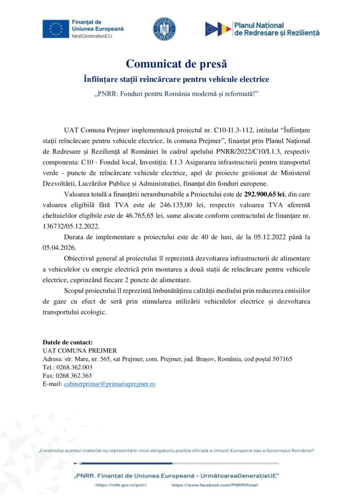 Comunicat de presă - Înființare staṭii reîncãrcare pentru vehicule electrice; „PNRR: Fonduri pentru România modernă și reformată!” 9 | MyTex.ro