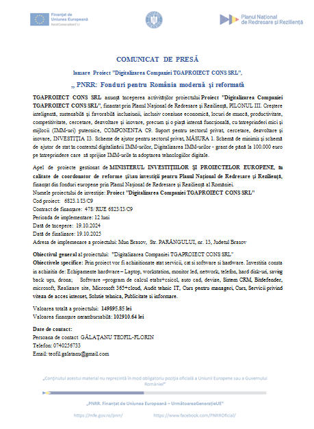 COMUNICAT DE PRESĂ - Lansare Proiect „Digitalizarea Companiei TGAPROIECT CONS SRL”, PNRR: Fonduri pentru România modernă și reformată 9 | MyTex.ro