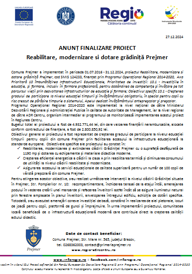 ANUNȚ FINALIZARE PROIECT - Reabilitare, modernizare și dotare grădiniță Prejmer 12 | MyTex.ro