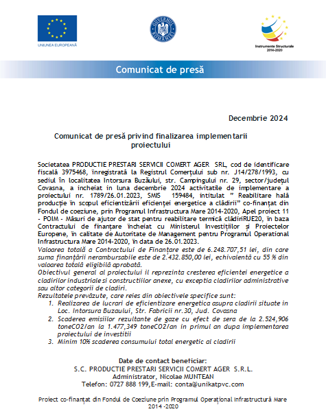 Comunicat de presă privind finalizarea implementarii proiectului 9 | MyTex.ro