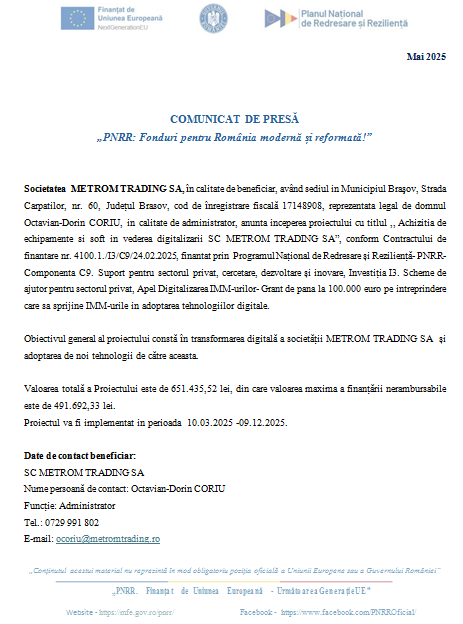 COMUNICAT DE PRESĂ - „PNRR: Fonduri pentru România modernă și reformată!” 9 | MyTex.ro