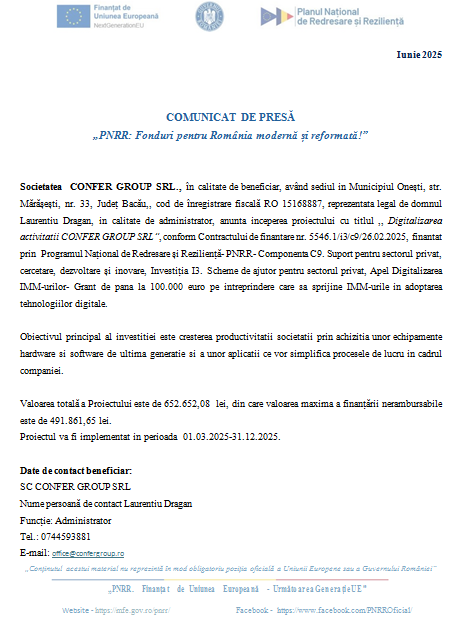 COMUNICAT DE PRESĂ - „PNRR: Fonduri pentru România modernă și reformată!” 9 | MyTex.ro