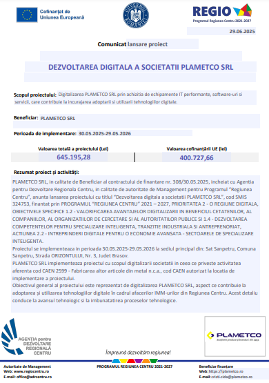 COMUNICAT LANSARE PROIECT - DEZVOLTAREA DIGITALĂ A SOCIETĂȚII PLAMETCO SRL 14 | MyTex.ro
