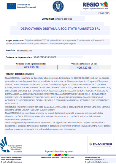 COMUNICAT LANSARE PROIECT - DEZVOLTAREA DIGITALĂ A SOCIETĂȚII PLAMETCO SRL 14 | MyTex.ro