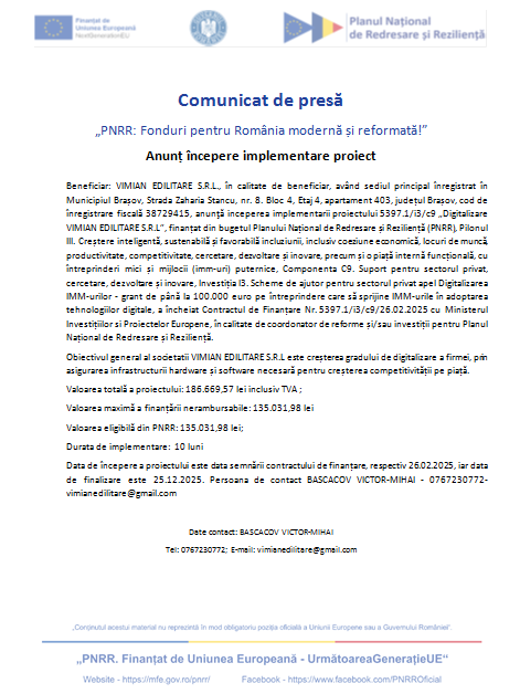 Comunicat de presă - „PNRR: Fonduri pentru România modernă și reformată!” / Anunț începere implementare proiect 9 | MyTex.ro
