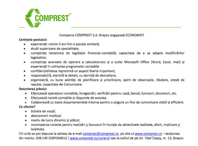 Compania Comprest angajează ECONOMIST 3 Comprest | MyTex.ro