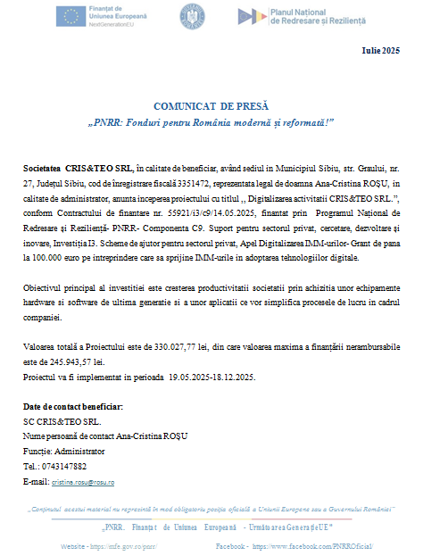 COMUNICAT DE PRESĂ - „PNRR: Fonduri pentru România modernă și reformată!” 9 | MyTex.ro