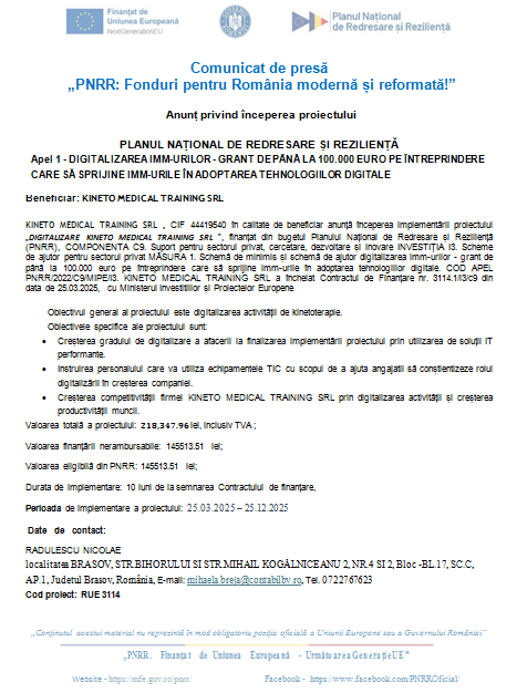 Comunicat de presă - „PNRR: Fonduri pentru România modernă și reformată!” / Anunț privind începerea proiectului 9 | MyTex.ro
