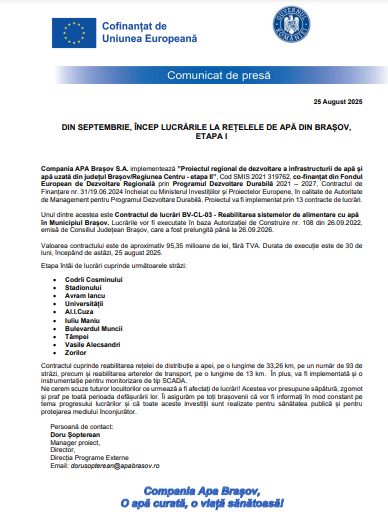 Comunicat de presă: DIN SEPTEMBRIE, ÎNCEP LUCRĂRILE LA REȚELELE DE APĂ DIN BRAȘOV, ETAPA 1 6 | MyTex.ro